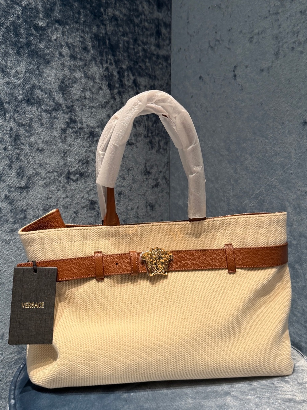 Versace Cream Canvas Tote with Brown Leather Belt and Gold Medusa New